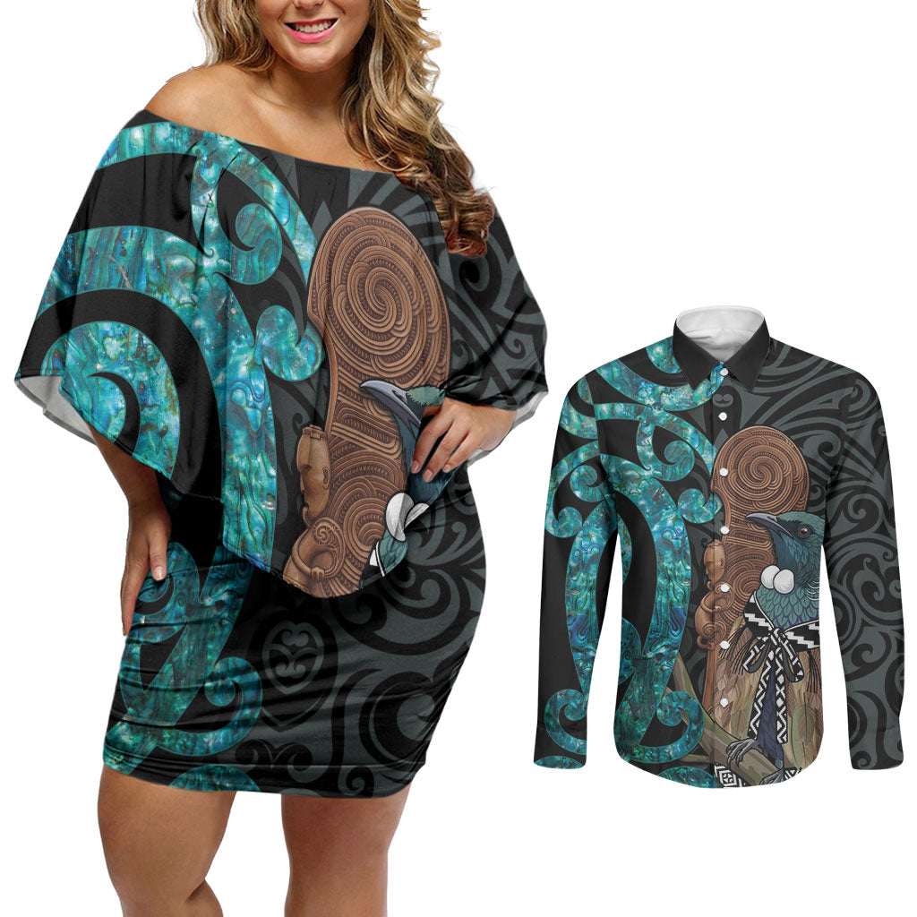 New Zealand Tui Bird Wahaika Couples Matching Off Shoulder Short Dress and Long Sleeve Button Shirt Maori Weapon Paua Shell Koru Pattern LT22 Black - Polynesian Pride