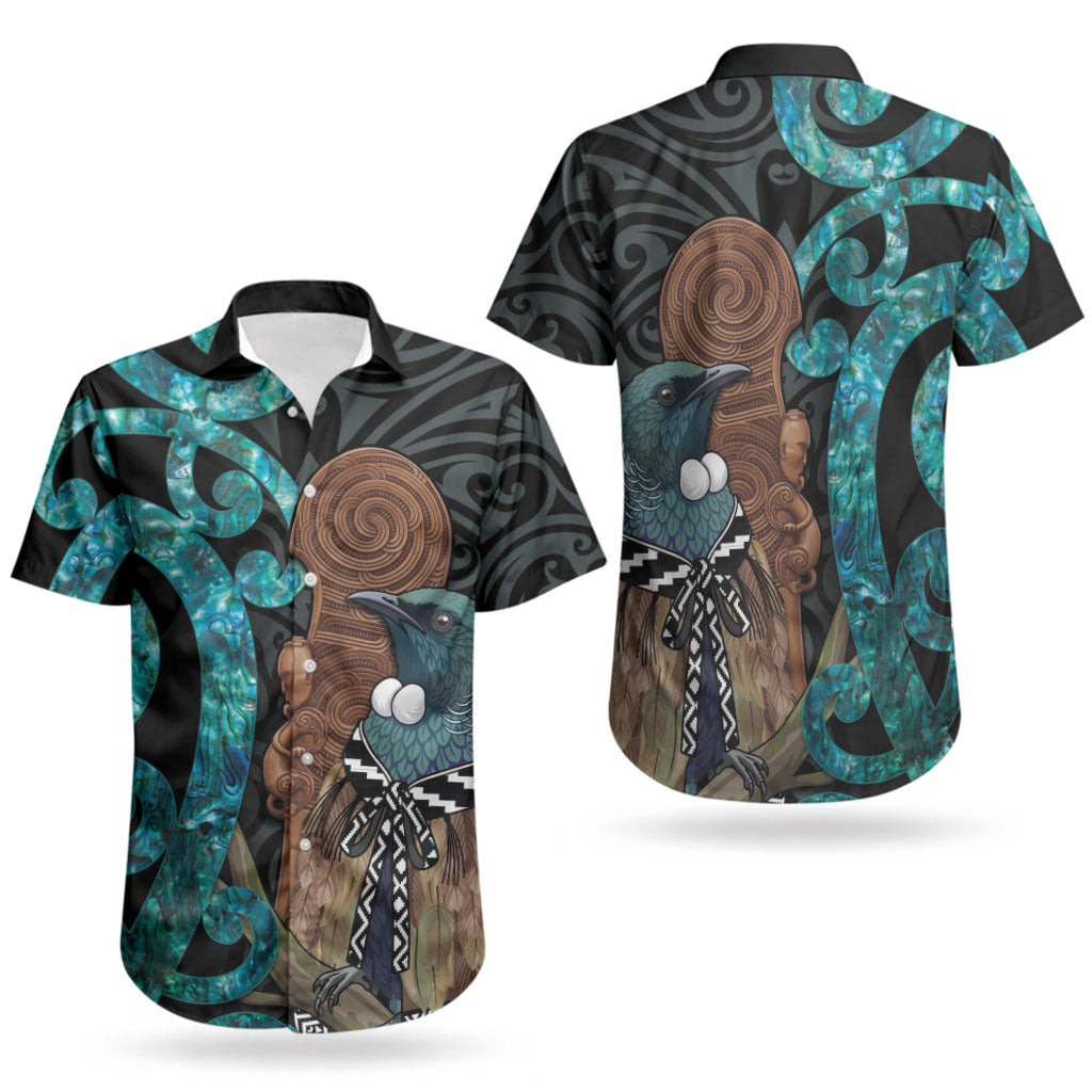 New Zealand Tui Bird Wahaika Couples Matching Off The Shoulder Long Sleeve Dress and Hawaiian Shirt Maori Weapon Paua Shell Koru Pattern