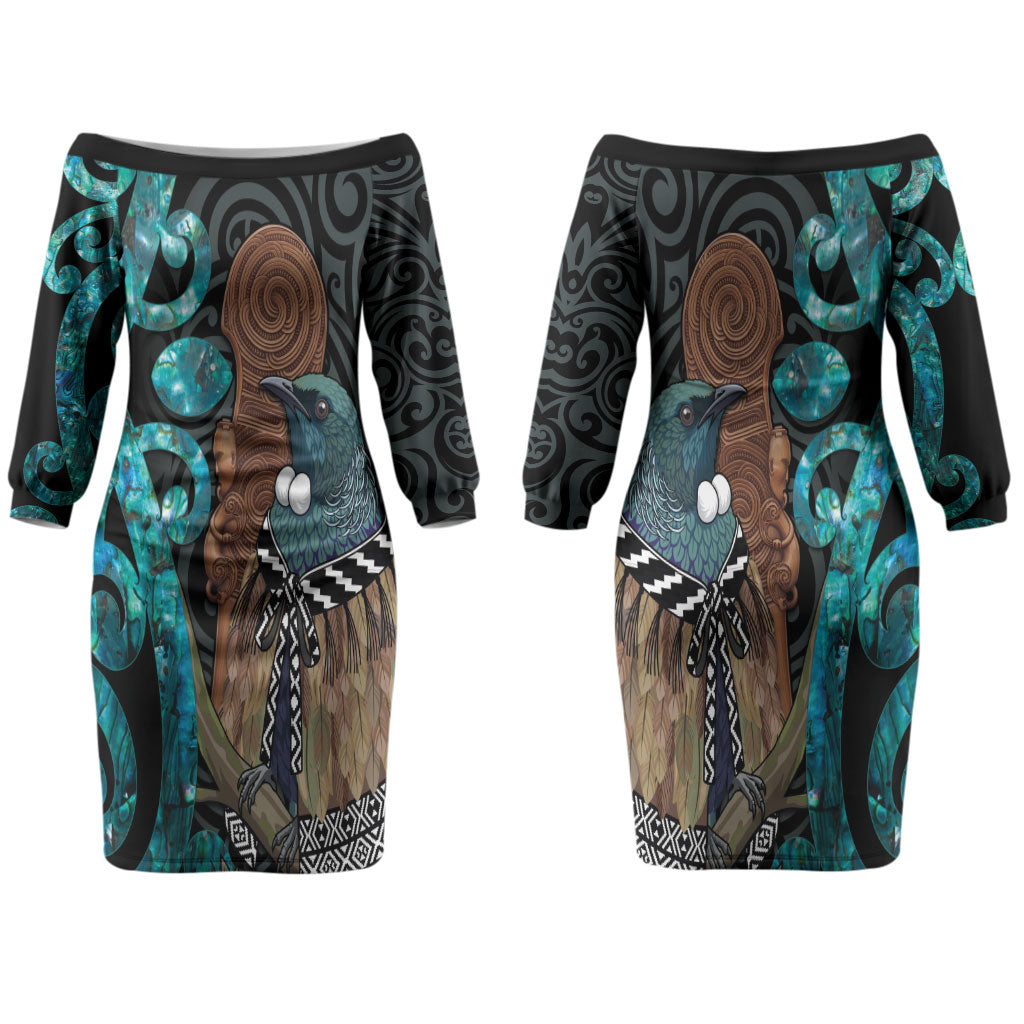 New Zealand Tui Bird Wahaika Couples Matching Off The Shoulder Long Sleeve Dress and Long Sleeve Button Shirt Maori Weapon Paua Shell Koru Pattern