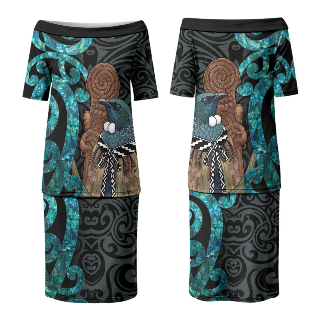 New Zealand Tui Bird Wahaika Couples Matching Puletasi and Hawaiian Shirt Maori Weapon Paua Shell Koru Pattern