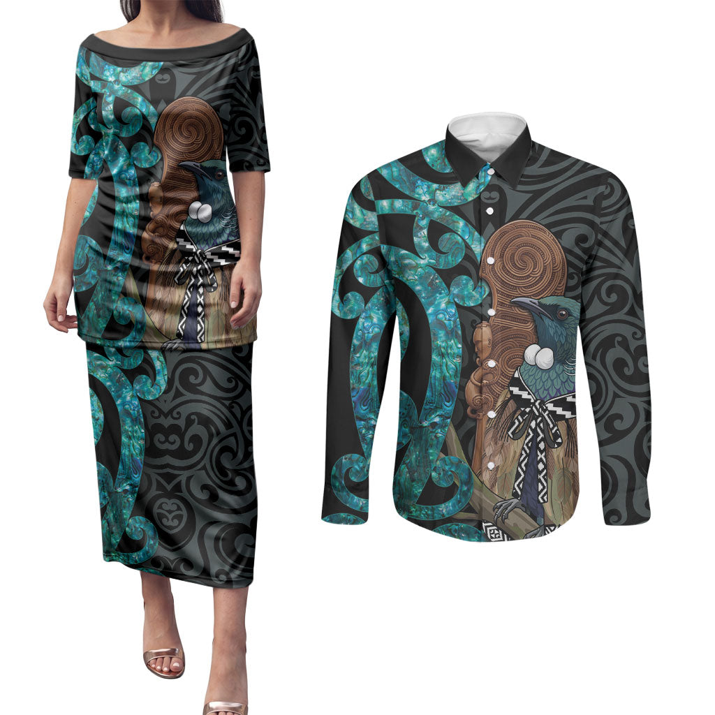 New Zealand Tui Bird Wahaika Couples Matching Puletasi and Long Sleeve Button Shirt Maori Weapon Paua Shell Koru Pattern LT22 Black - Polynesian Pride