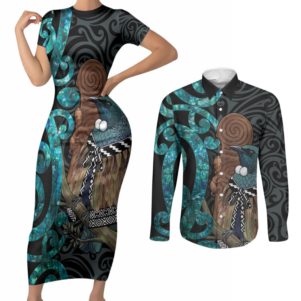 New Zealand Tui Bird Wahaika Couples Matching Short Sleeve Bodycon Dress and Long Sleeve Button Shirt Maori Weapon Paua Shell Koru Pattern LT22 Black - Polynesian Pride