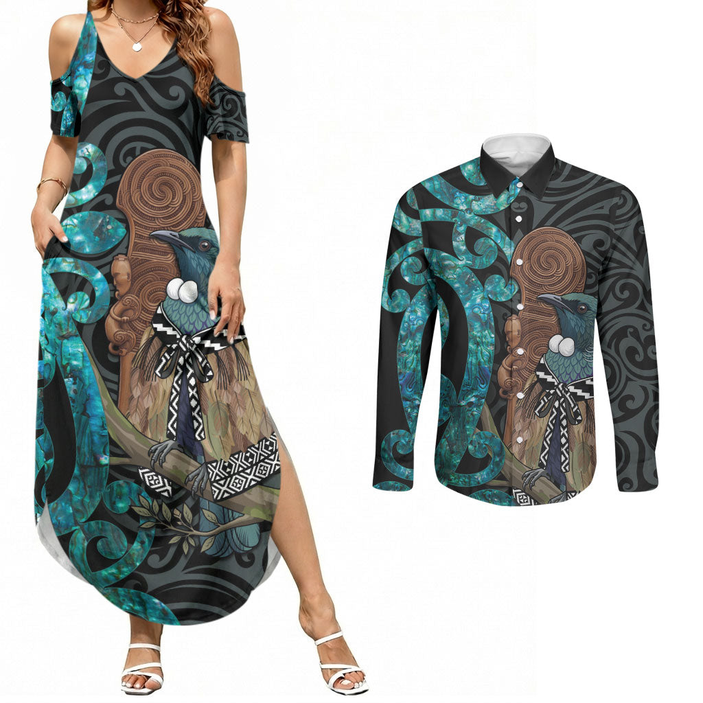 New Zealand Tui Bird Wahaika Couples Matching Summer Maxi Dress and Long Sleeve Button Shirt Maori Weapon Paua Shell Koru Pattern LT22 Black - Polynesian Pride