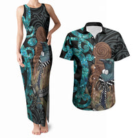 New Zealand Tui Bird Wahaika Couples Matching Tank Maxi Dress and Hawaiian Shirt Maori Weapon Paua Shell Koru Pattern