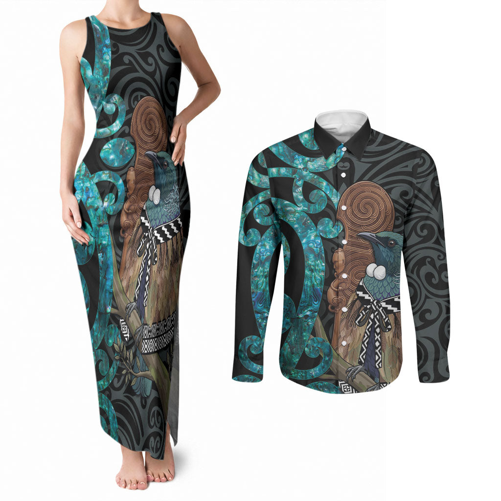 New Zealand Tui Bird Wahaika Couples Matching Tank Maxi Dress and Long Sleeve Button Shirt Maori Weapon Paua Shell Koru Pattern LT22 Black - Polynesian Pride