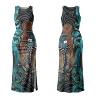 New Zealand Tui Bird Wahaika Couples Matching Tank Maxi Dress and Long Sleeve Button Shirt Maori Weapon Paua Shell Koru Pattern