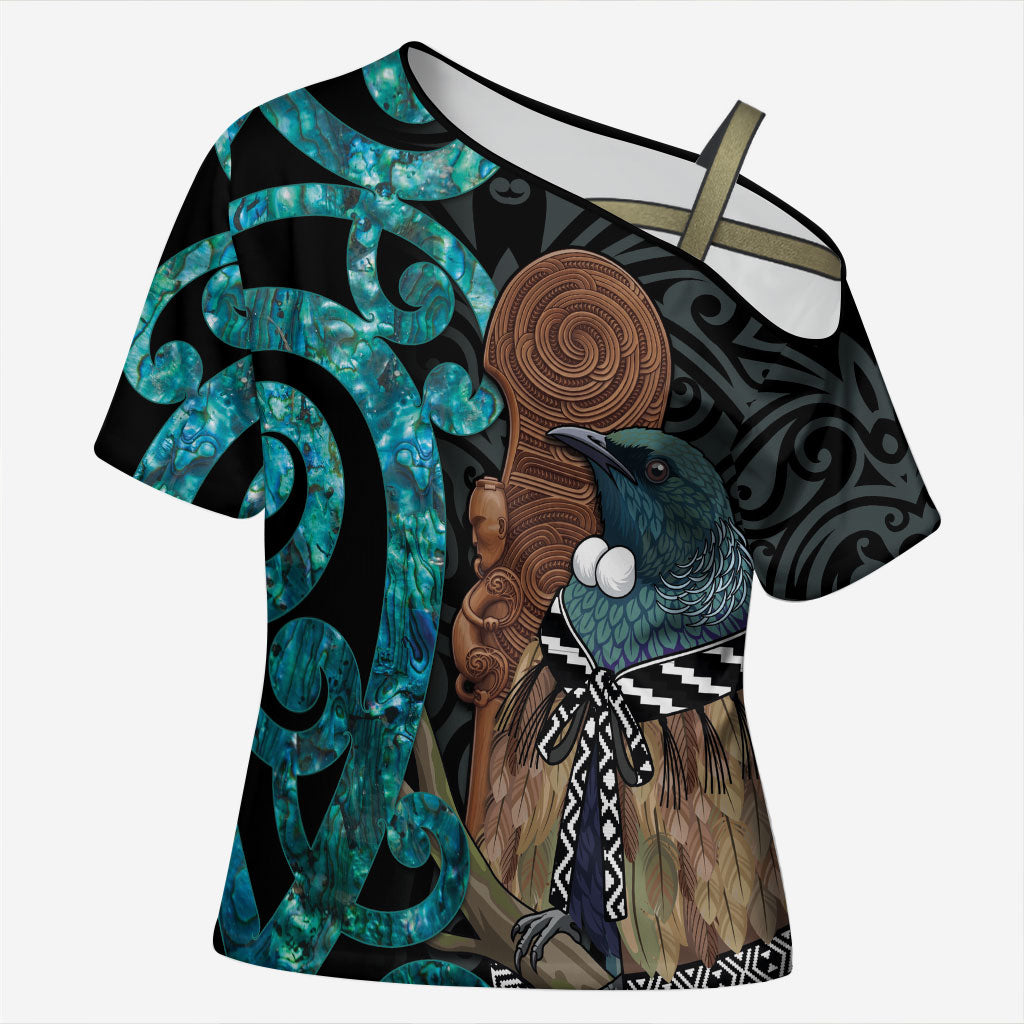New Zealand Tui Bird Wahaika Cross Shoulder Shirt Maori Weapon Paua Shell Koru Pattern LT22 Female Black - Polynesian Pride