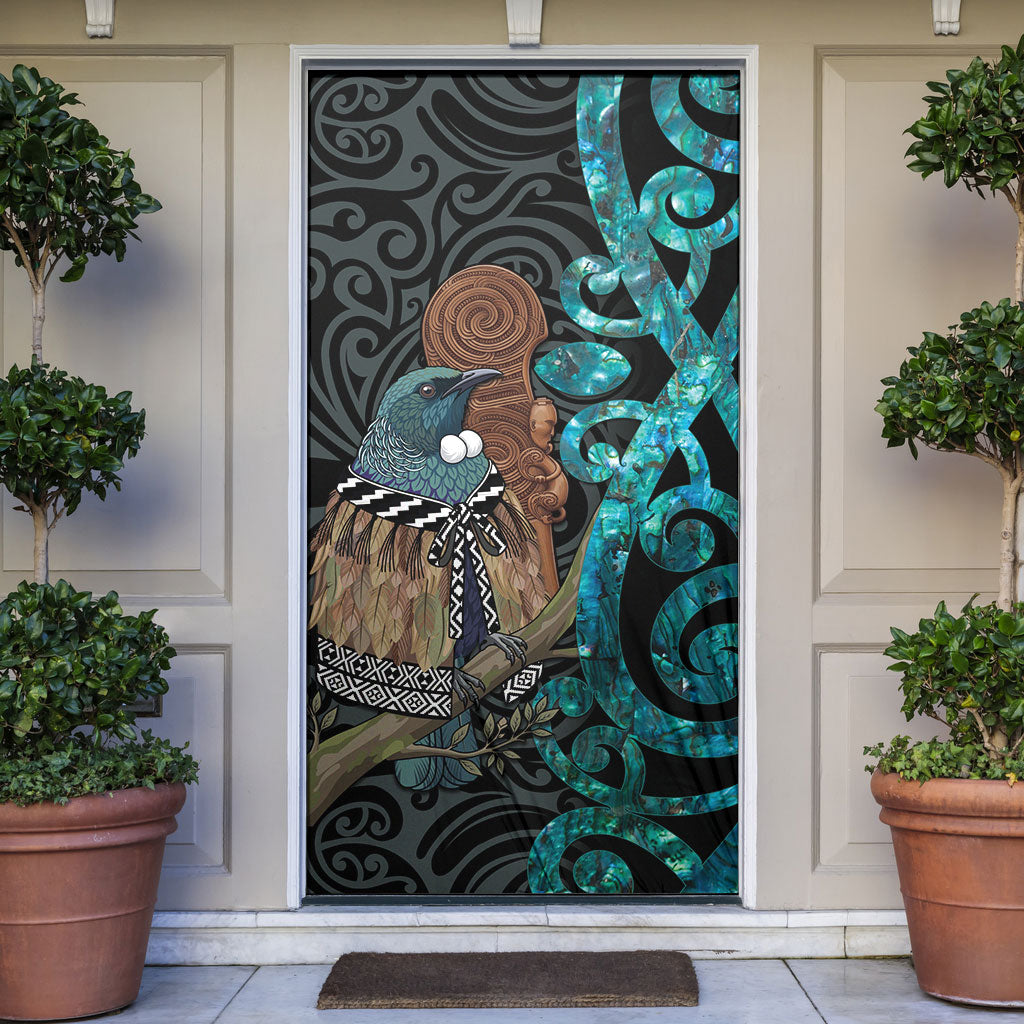 New Zealand Tui Bird Wahaika Door Cover Maori Weapon Paua Shell Koru Pattern LT22 Black - Polynesian Pride