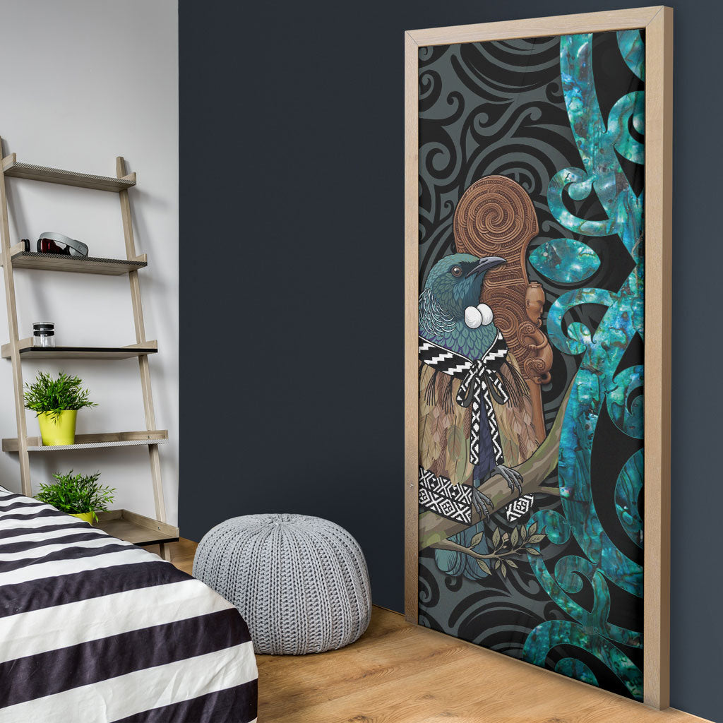New Zealand Tui Bird Wahaika Door Cover Maori Weapon Paua Shell Koru Pattern