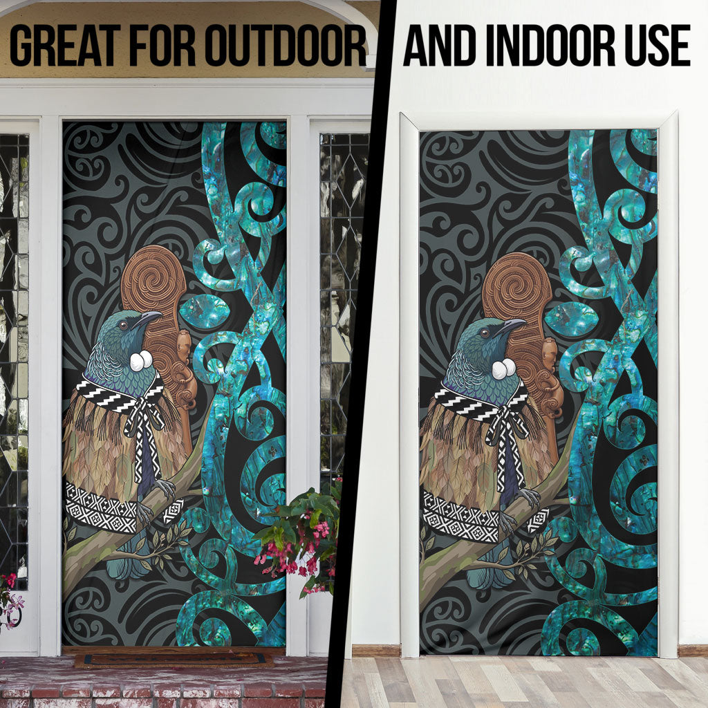 New Zealand Tui Bird Wahaika Door Cover Maori Weapon Paua Shell Koru Pattern
