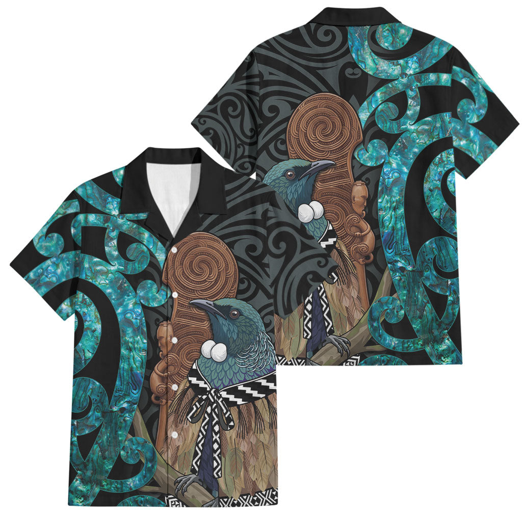New Zealand Tui Bird Wahaika Family Matching Long Sleeve Bodycon Dress and Hawaiian Shirt Maori Weapon Paua Shell Koru Pattern