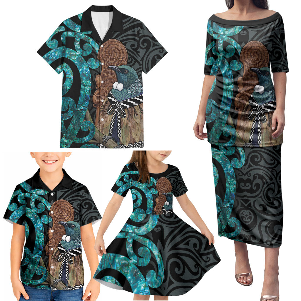 New Zealand Tui Bird Wahaika Family Matching Puletasi and Hawaiian Shirt Maori Weapon Paua Shell Koru Pattern