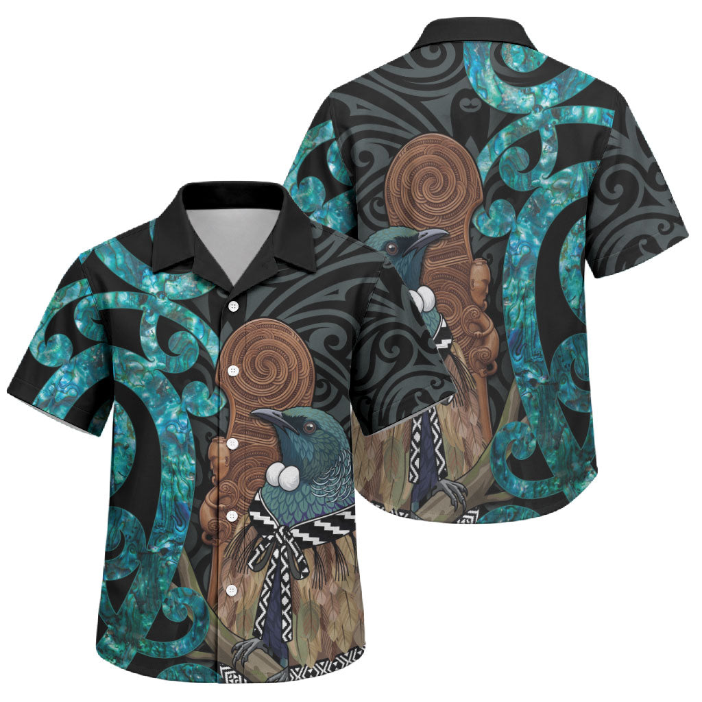 New Zealand Tui Bird Wahaika Family Matching Short Sleeve Bodycon Dress and Hawaiian Shirt Maori Weapon Paua Shell Koru Pattern
