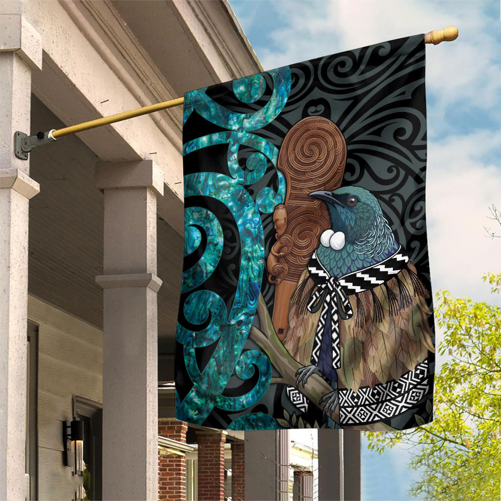 New Zealand Tui Bird Wahaika Garden Flag Maori Weapon Paua Shell Koru Pattern LT22 House Flag Black - Polynesian Pride