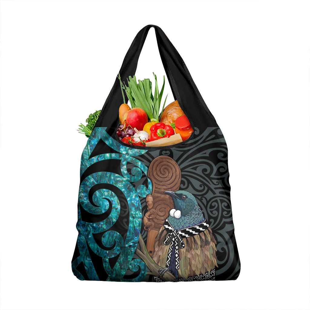 New Zealand Tui Bird Wahaika Grocery Bag Maori Weapon Paua Shell Koru Pattern LT22 1-pack One Size Black - Polynesian Pride