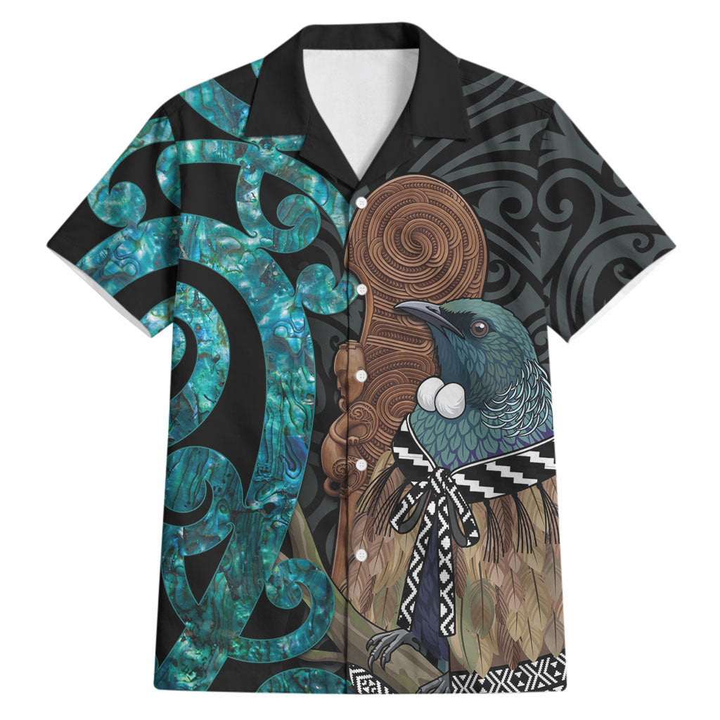New Zealand Tui Bird Wahaika Hawaiian Shirt Maori Weapon Paua Shell Koru Pattern LT22 Black - Polynesian Pride