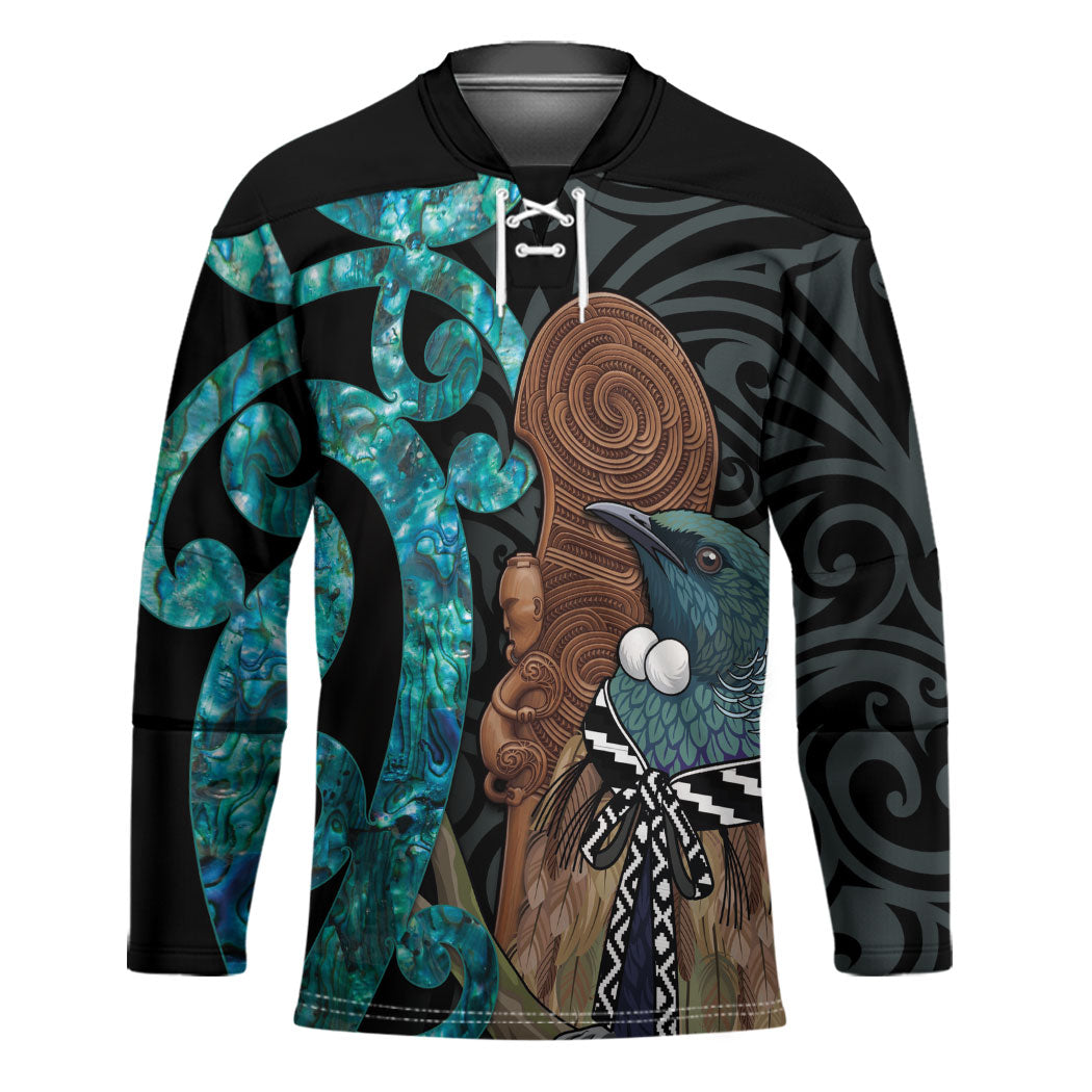 New Zealand Tui Bird Wahaika Hockey Jersey Maori Weapon Paua Shell Koru Pattern LT22 Unisex Black - Polynesian Pride