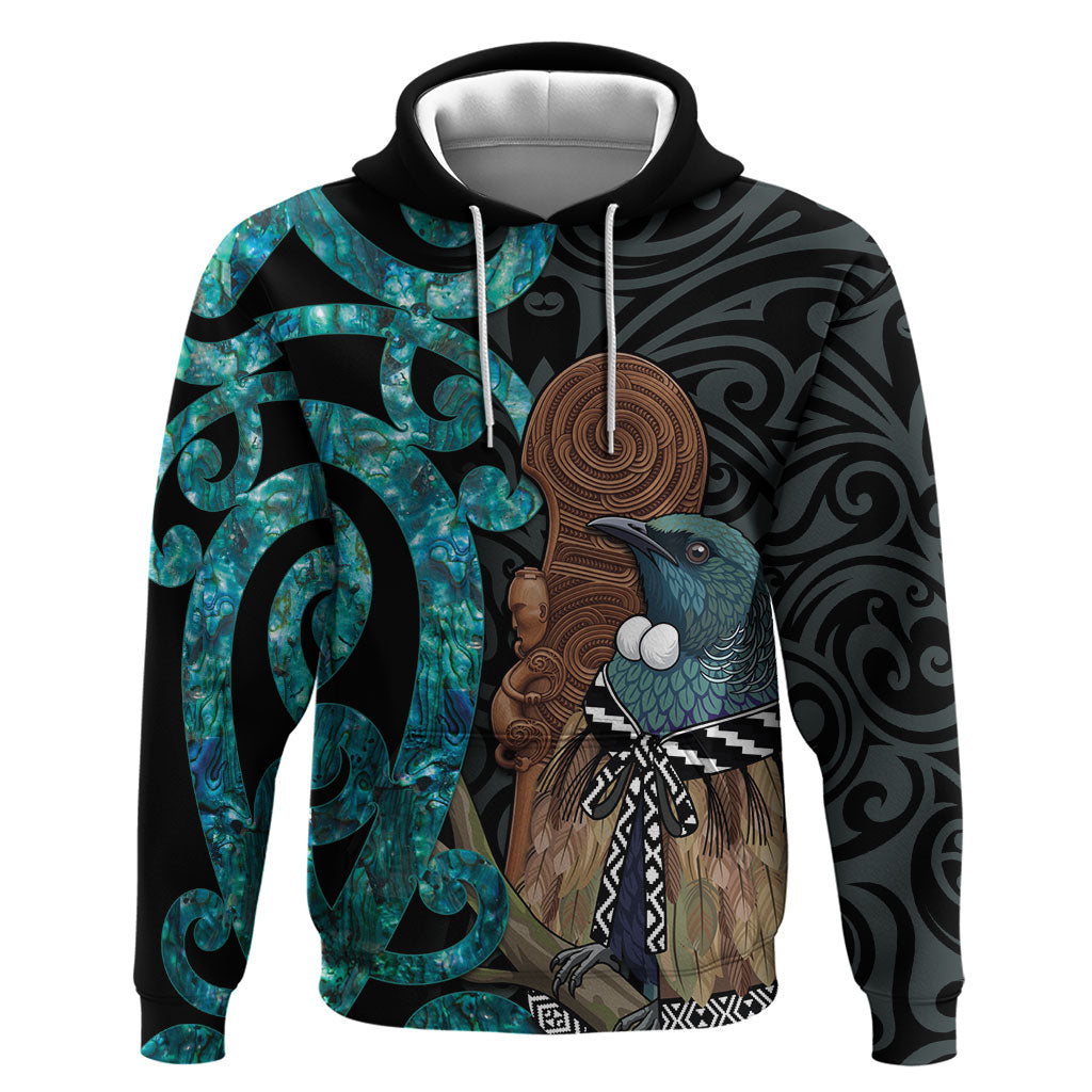 New Zealand Tui Bird Wahaika Hoodie Maori Weapon Paua Shell Koru Pattern LT22 Pullover Hoodie Black - Polynesian Pride