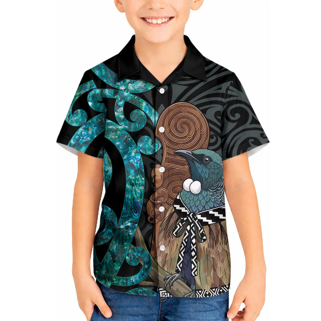 New Zealand Tui Bird Wahaika Kid Hawaiian Shirt Maori Weapon Paua Shell Koru Pattern LT22 Kid Black - Polynesian Pride
