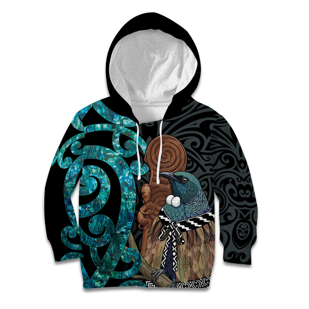 New Zealand Tui Bird Wahaika Kid Hoodie Maori Weapon Paua Shell Koru Pattern LT22 Hoodie Black - Polynesian Pride