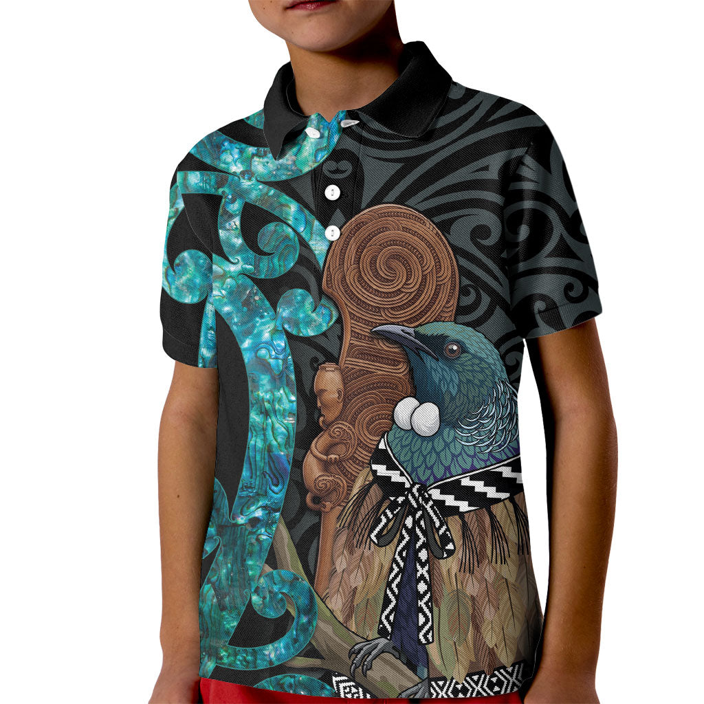New Zealand Tui Bird Wahaika Kid Polo Shirt Maori Weapon Paua Shell Koru Pattern LT22 Kid Black - Polynesian Pride