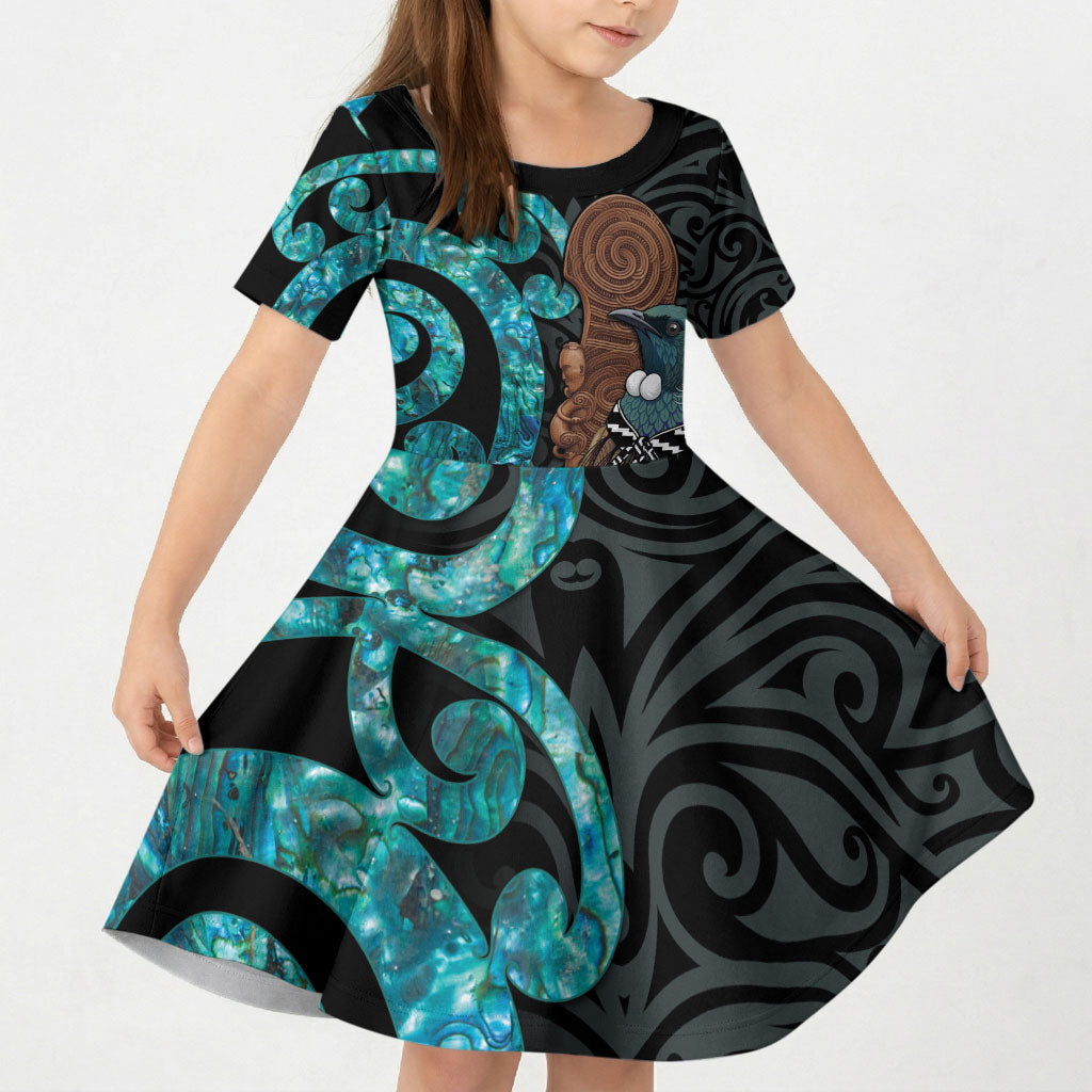 New Zealand Tui Bird Wahaika Kid Short Sleeve Dress Maori Weapon Paua Shell Koru Pattern LT22 KID Black - Polynesian Pride