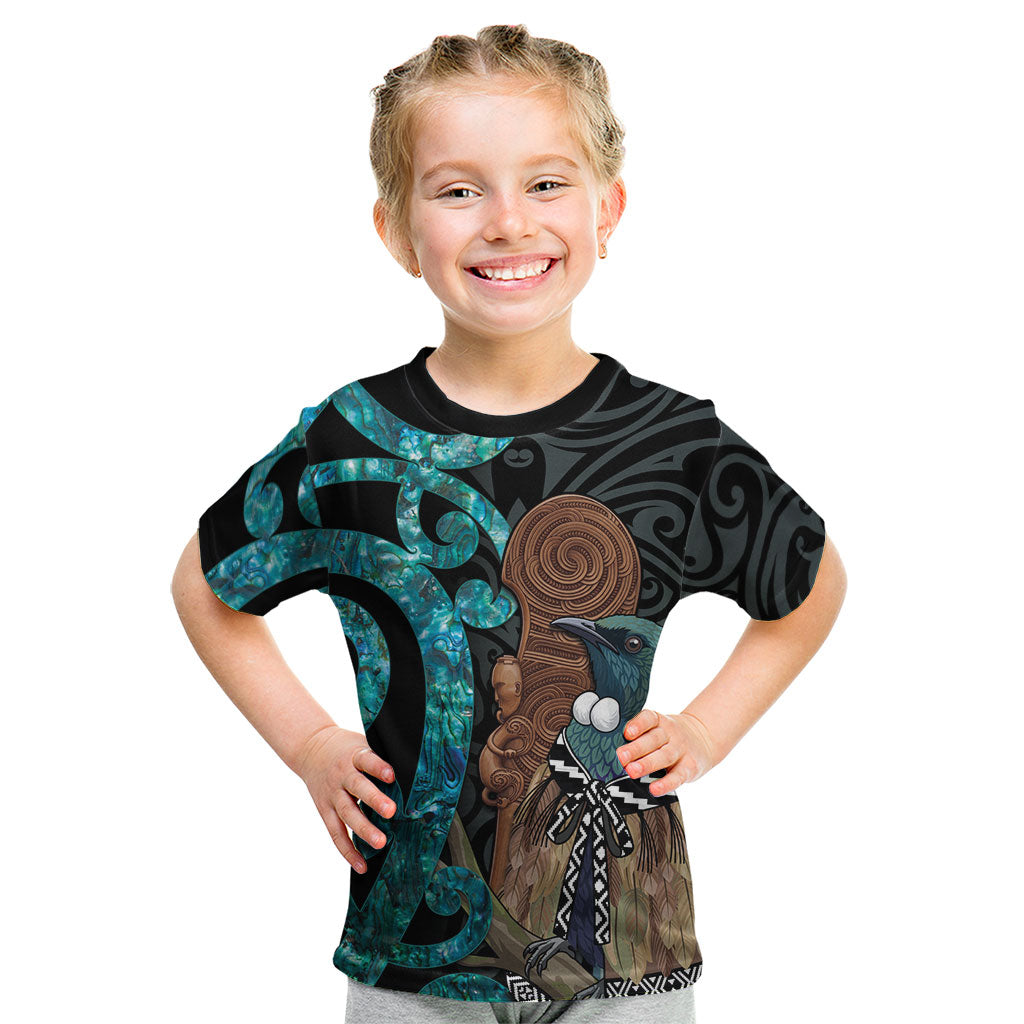 New Zealand Tui Bird Wahaika Kid T Shirt Maori Weapon Paua Shell Koru Pattern LT22 Black - Polynesian Pride