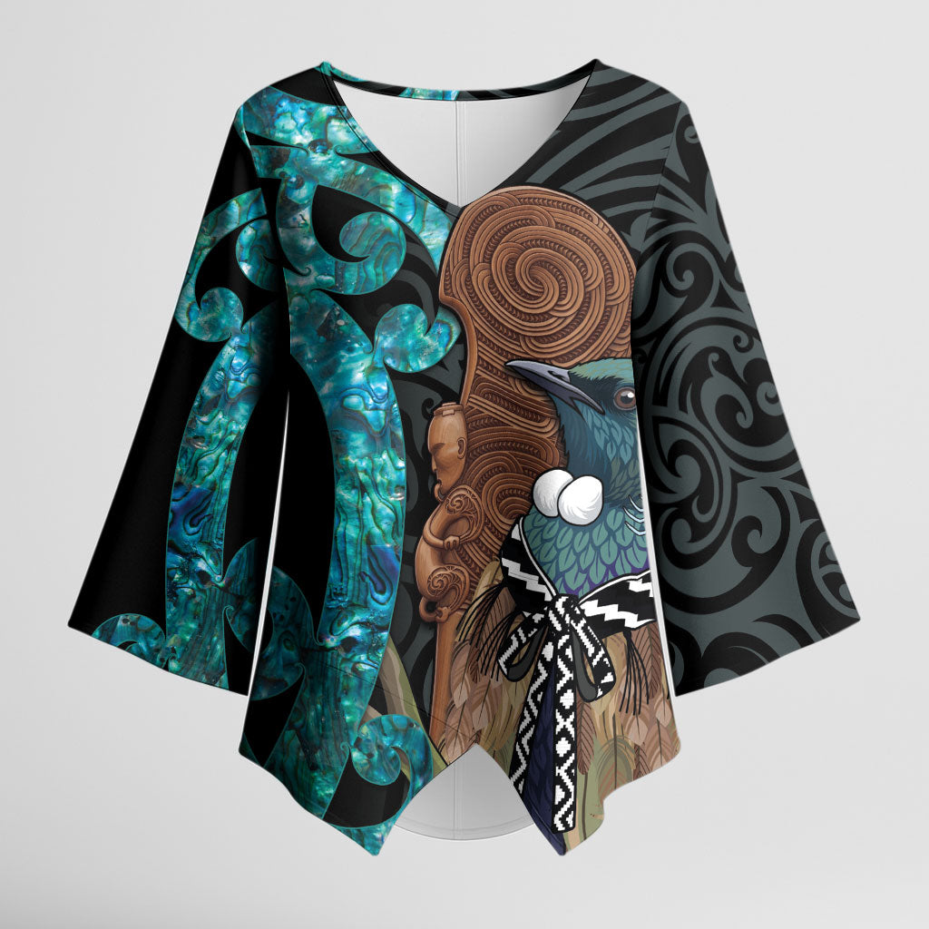 New Zealand Tui Bird Wahaika Kimono Sleeve Blouse Maori Weapon Paua Shell Koru Pattern LT22 Female Black - Polynesian Pride