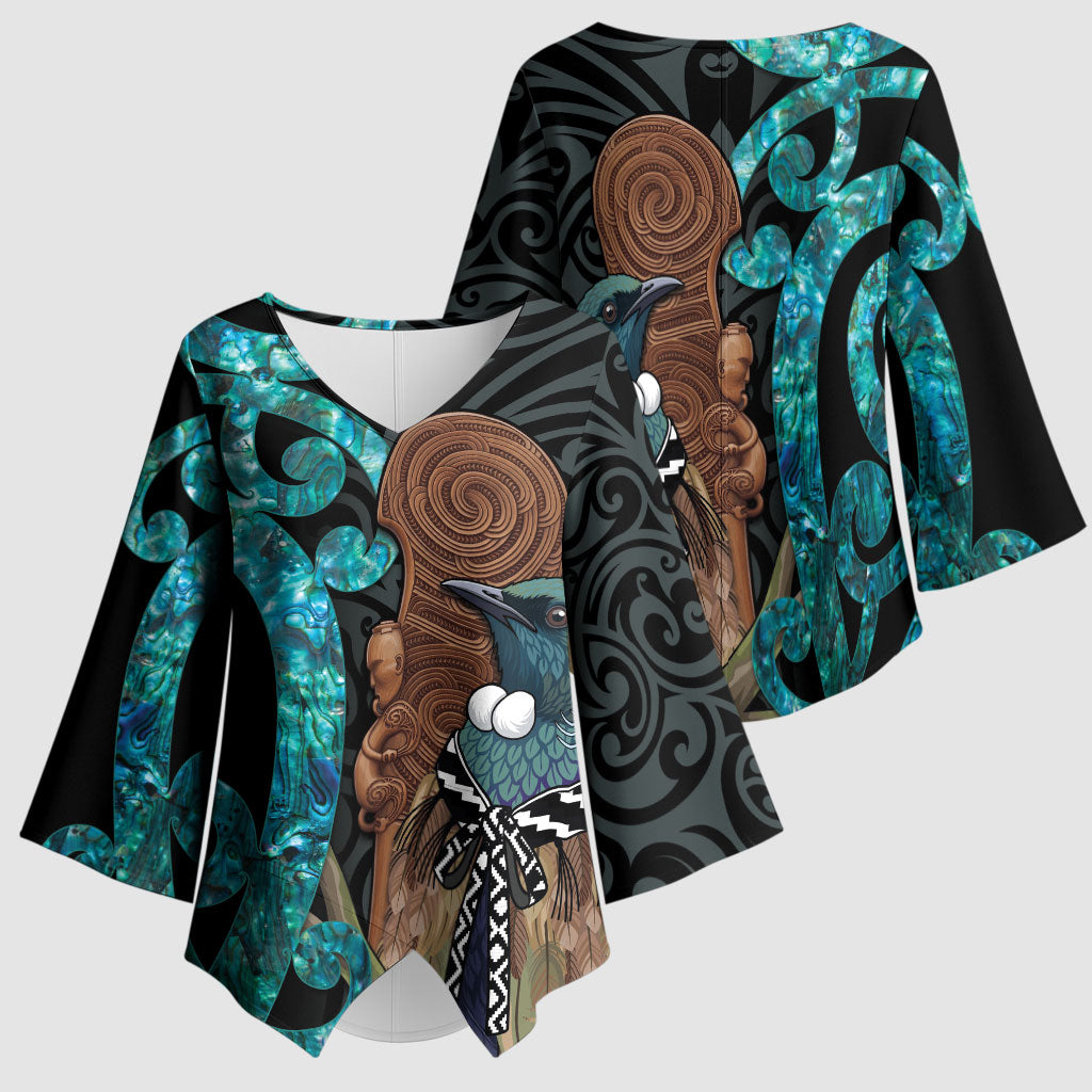 New Zealand Tui Bird Wahaika Kimono Sleeve Blouse Maori Weapon Paua Shell Koru Pattern