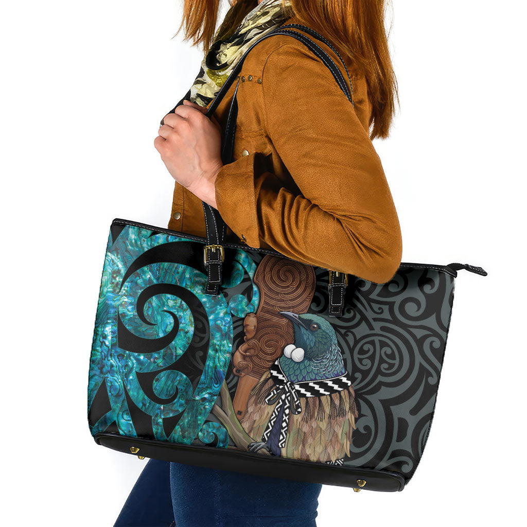 New Zealand Tui Bird Wahaika Leather Tote Bag Maori Weapon Paua Shell Koru Pattern LT22 Black - Polynesian Pride