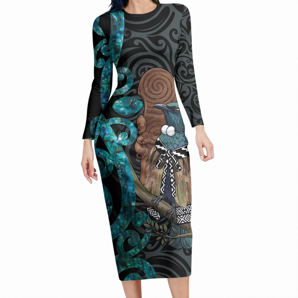 New Zealand Tui Bird Wahaika Long Sleeve Bodycon Dress Maori Weapon Paua Shell Koru Pattern LT22 Long Dress Black - Polynesian Pride