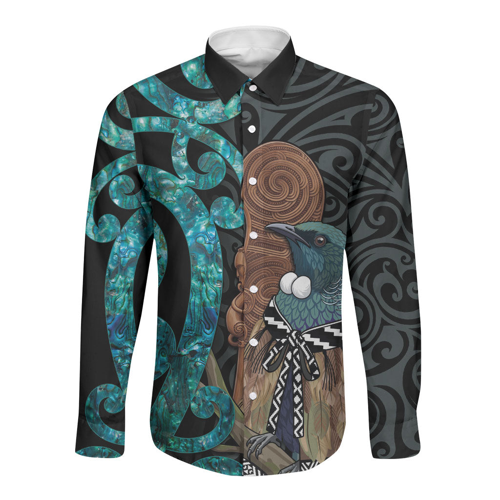 New Zealand Tui Bird Wahaika Long Sleeve Button Shirt Maori Weapon Paua Shell Koru Pattern LT22 Unisex Black - Polynesian Pride