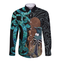 New Zealand Tui Bird Wahaika Long Sleeve Button Shirt Maori Weapon Paua Shell Koru Pattern