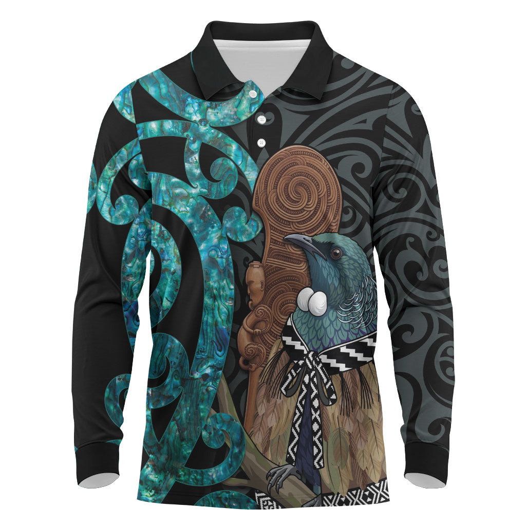 New Zealand Tui Bird Wahaika Long Sleeve Polo Shirt Maori Weapon Paua Shell Koru Pattern LT22 Black - Polynesian Pride
