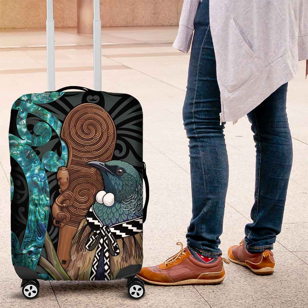 New Zealand Tui Bird Wahaika Luggage Cover Maori Weapon Paua Shell Koru Pattern LT22 Black - Polynesian Pride
