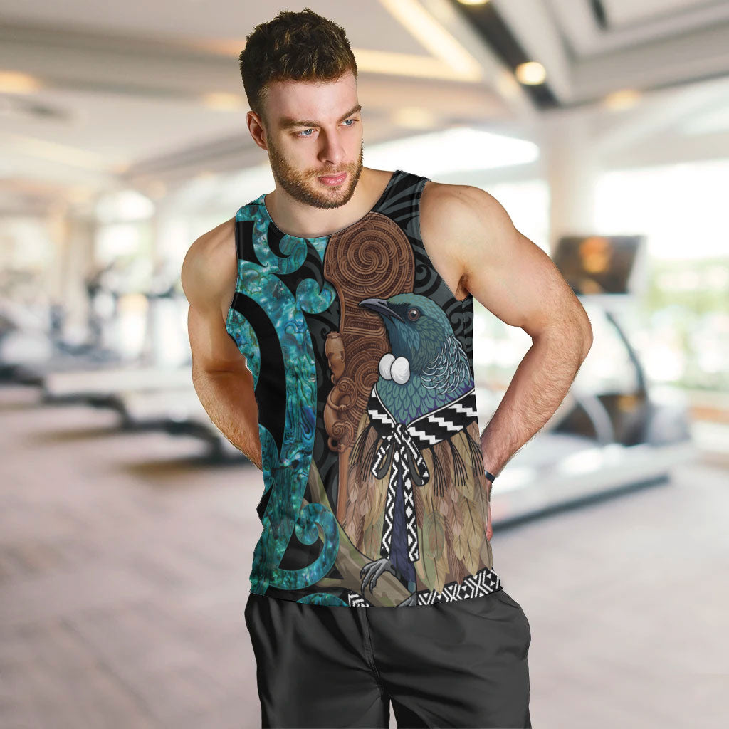 New Zealand Tui Bird Wahaika Men Tank Top Maori Weapon Paua Shell Koru Pattern LT22 Black - Polynesian Pride