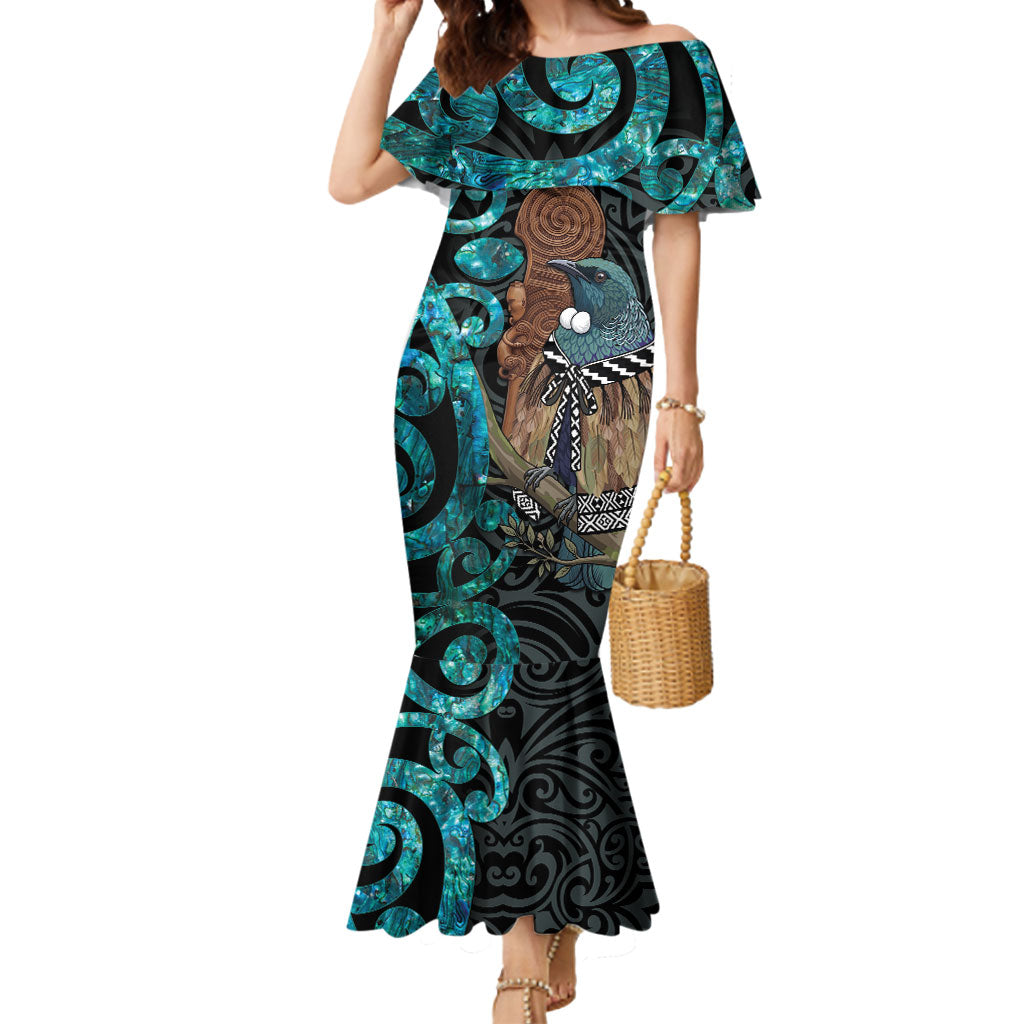 New Zealand Tui Bird Wahaika Mermaid Dress Maori Weapon Paua Shell Koru Pattern