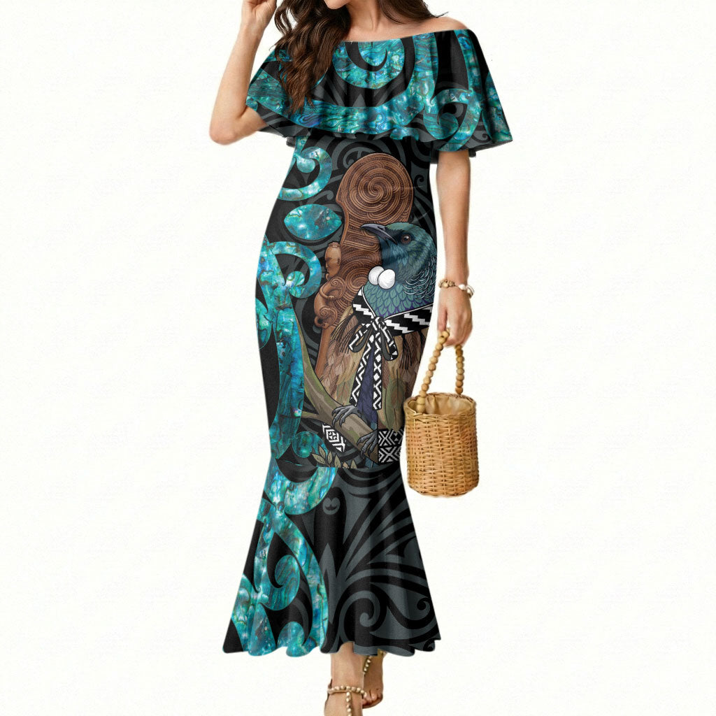 New Zealand Tui Bird Wahaika Mermaid Dress Maori Weapon Paua Shell Koru Pattern LT22 Women Black - Polynesian Pride