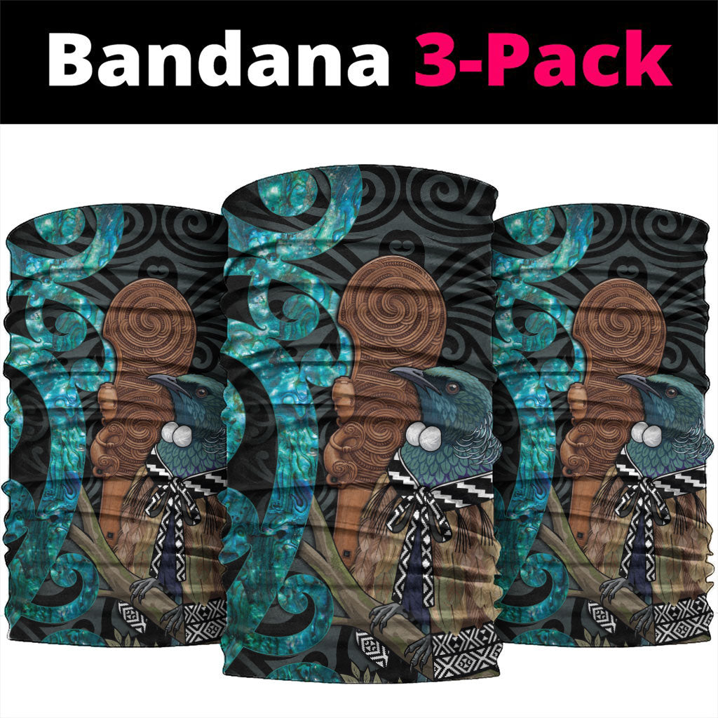 New Zealand Tui Bird Wahaika Neck Gaiter Maori Weapon Paua Shell Koru Pattern LT22 package One Size: 25*50cm Black - Polynesian Pride