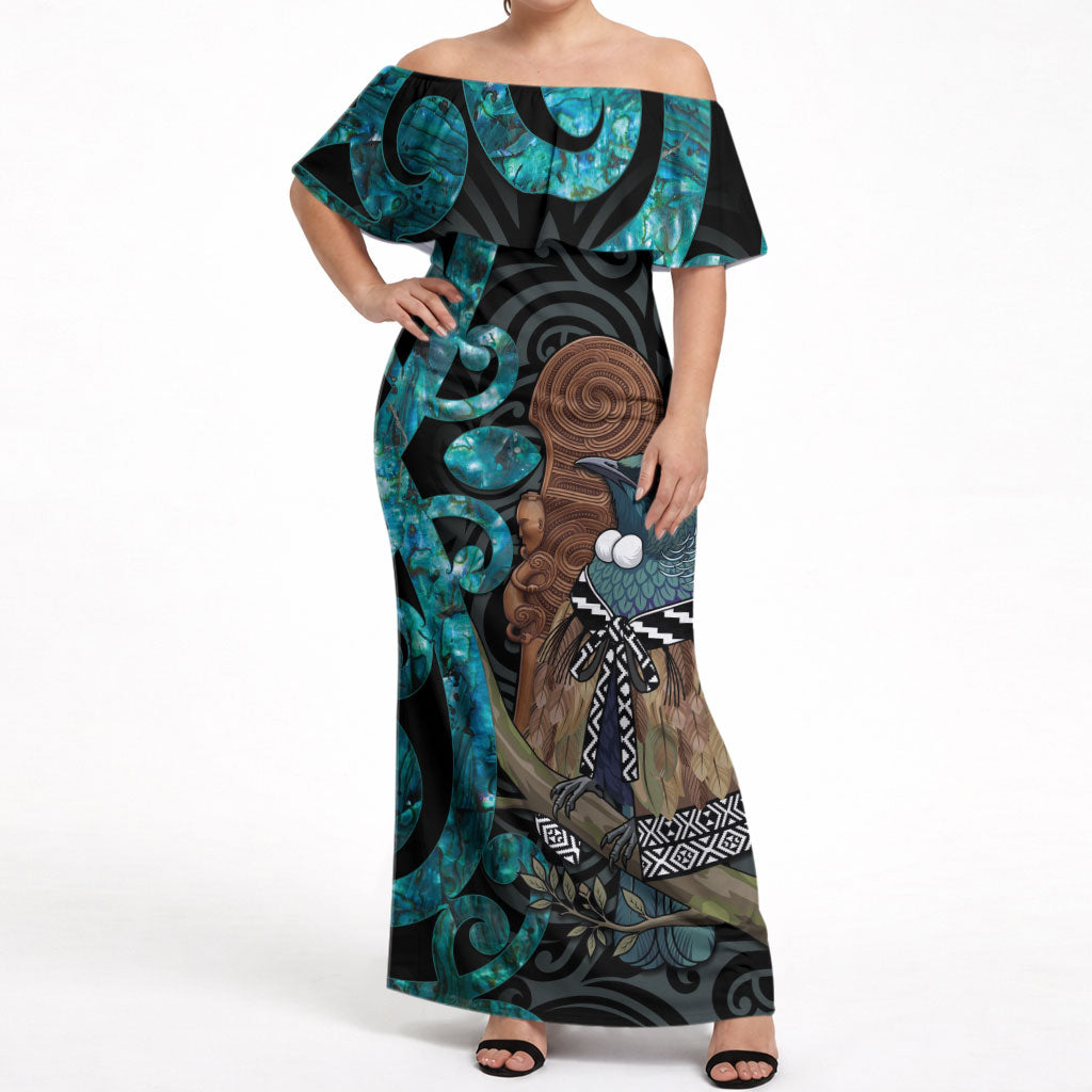 New Zealand Tui Bird Wahaika Off Shoulder Maxi Dress Maori Weapon Paua Shell Koru Pattern LT22 Women Black - Polynesian Pride