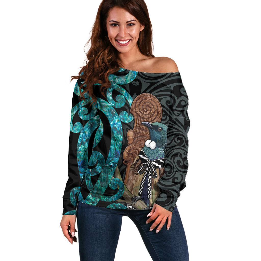 New Zealand Tui Bird Wahaika Off Shoulder Sweater Maori Weapon Paua Shell Koru Pattern LT22 Women Black - Polynesian Pride