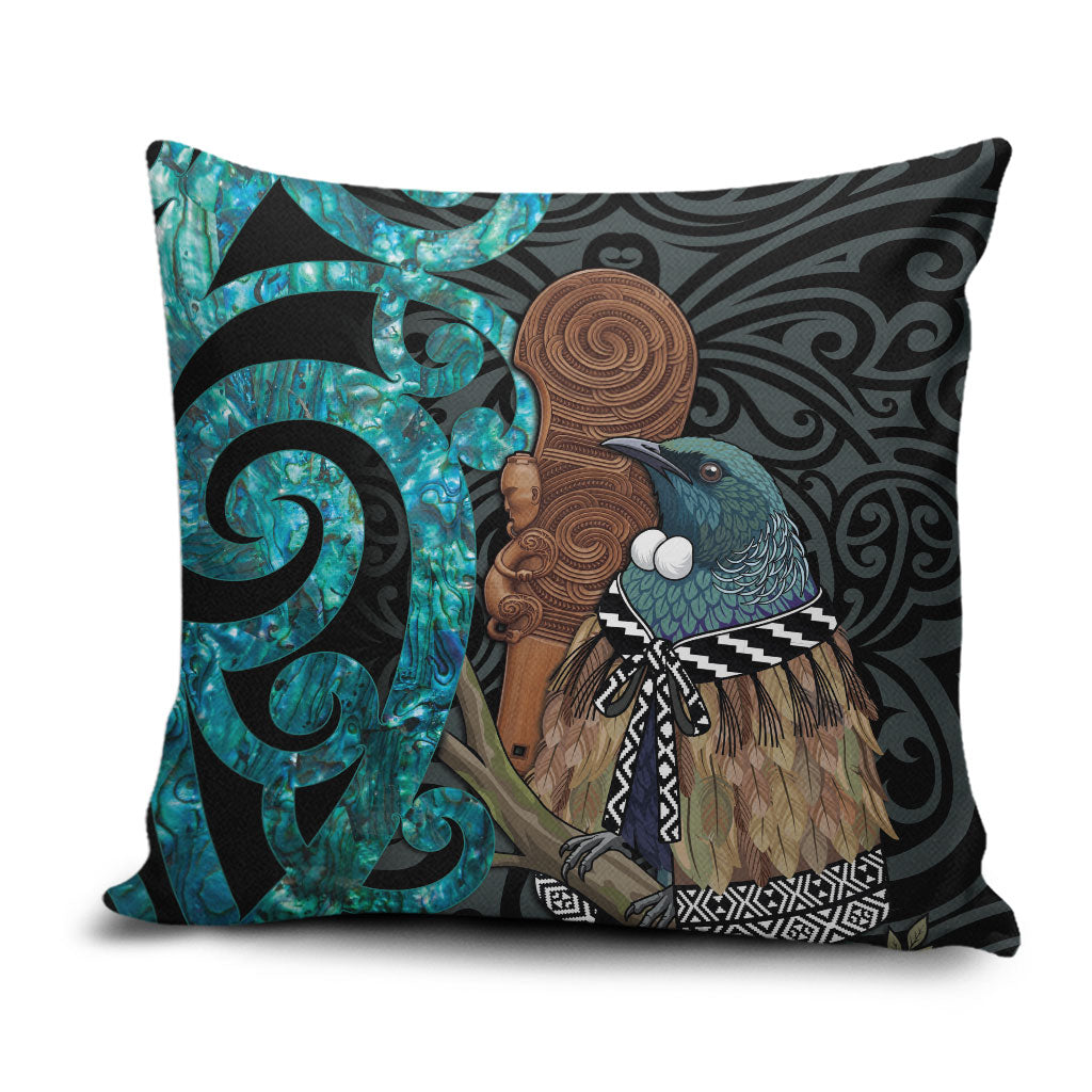 New Zealand Tui Bird Wahaika Pillow Cover Maori Weapon Paua Shell Koru Pattern LT22 Black - Polynesian Pride