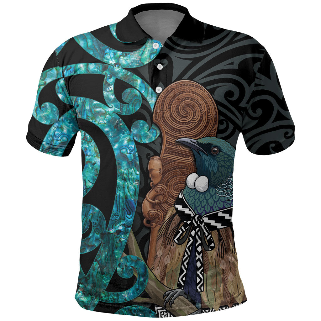 New Zealand Tui Bird Wahaika Polo Shirt Maori Weapon Paua Shell Koru Pattern LT22 Black - Polynesian Pride