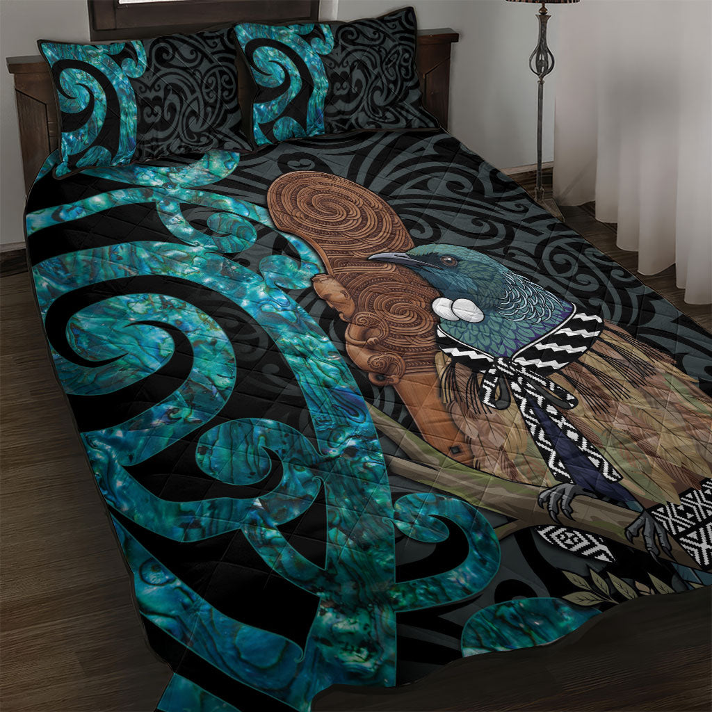 New Zealand Tui Bird Wahaika Quilt Bed Set Maori Weapon Paua Shell Koru Pattern LT22 Black - Polynesian Pride