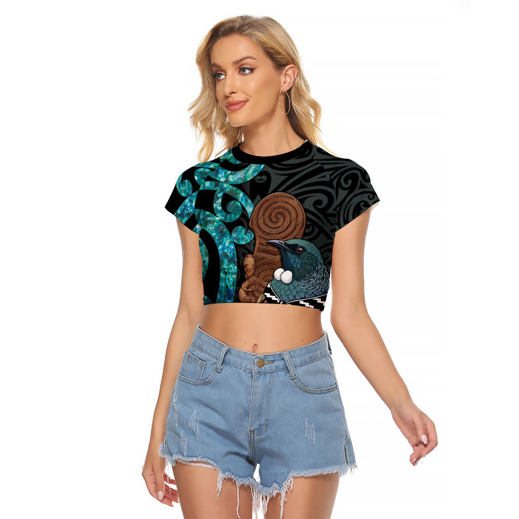 New Zealand Tui Bird Wahaika Raglan Cropped T Shirt Maori Weapon Paua Shell Koru Pattern LT22 Female Black - Polynesian Pride