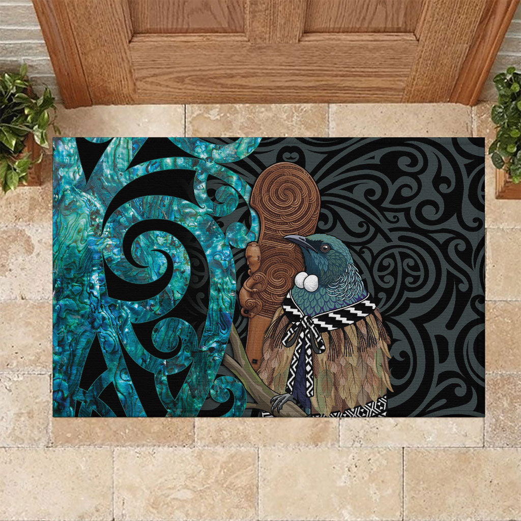 New Zealand Tui Bird Wahaika Rubber Doormat Maori Weapon Paua Shell Koru Pattern LT22 Black - Polynesian Pride