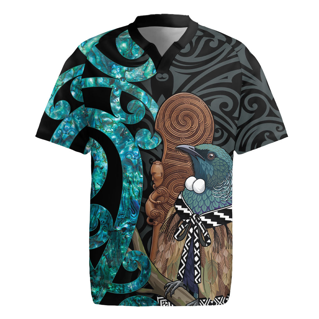 New Zealand Tui Bird Wahaika Rugby Jersey Maori Weapon Paua Shell Koru Pattern LT22 Black - Polynesian Pride
