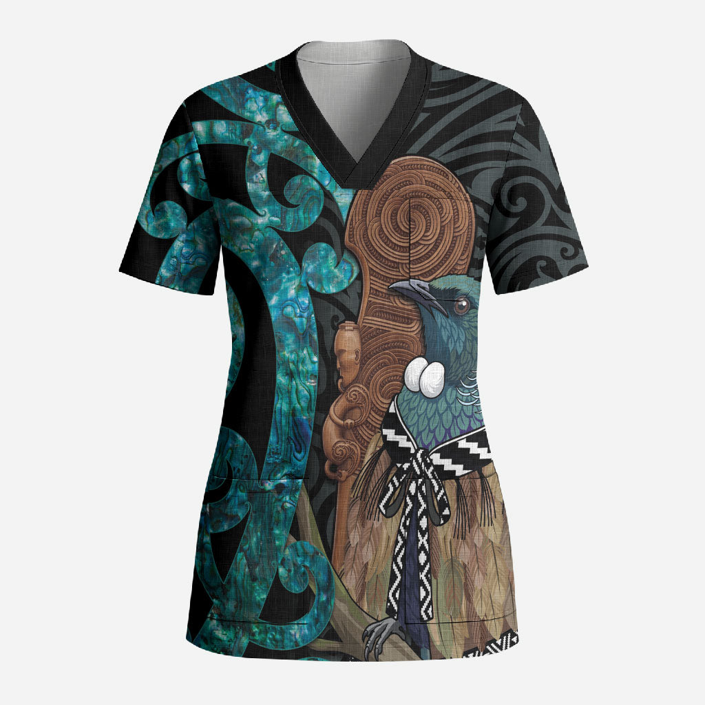 New Zealand Tui Bird Wahaika Scrub Top Maori Weapon Paua Shell Koru Pattern