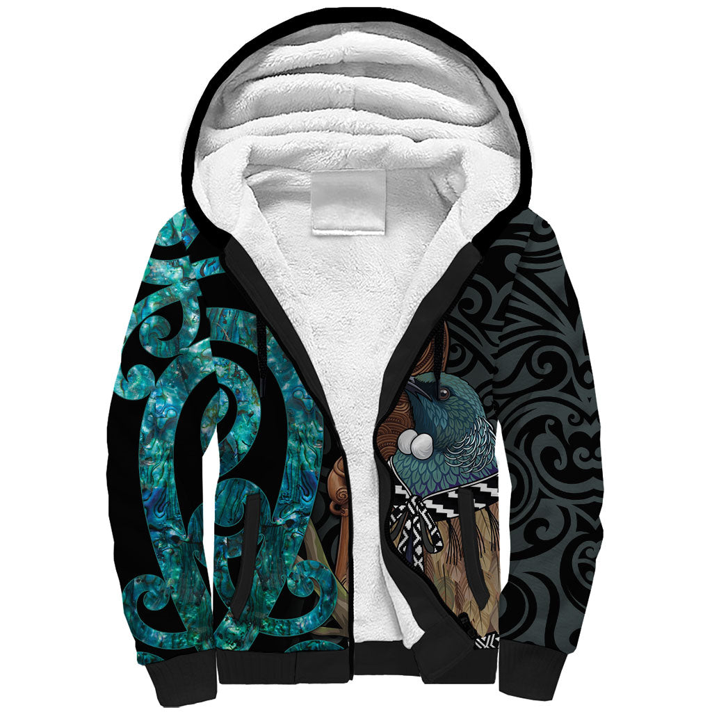 New Zealand Tui Bird Wahaika Sherpa Hoodie Maori Weapon Paua Shell Koru Pattern LT22 Unisex Black - Polynesian Pride