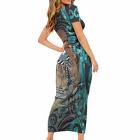New Zealand Tui Bird Wahaika Short Sleeve Bodycon Dress Maori Weapon Paua Shell Koru Pattern LT22 - Polynesian Pride